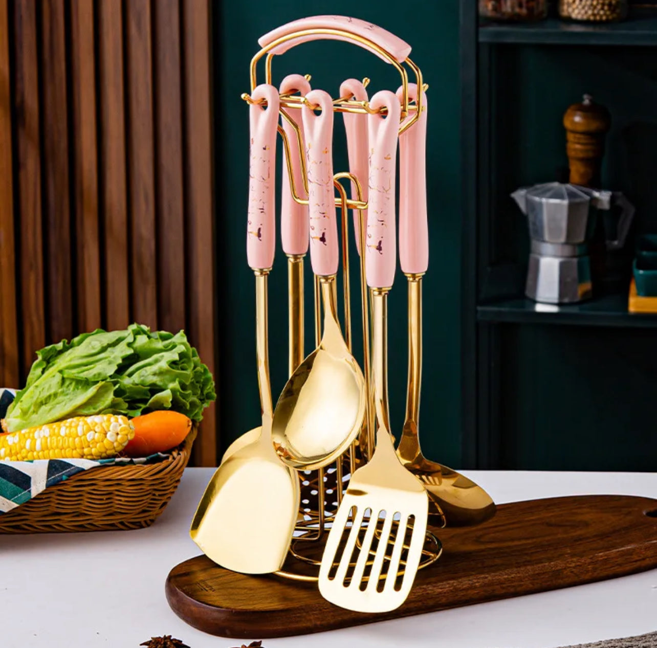 Stainless Steel Kitchen Utensil Set with Stand Skimmer Spatula Gold kitchenware