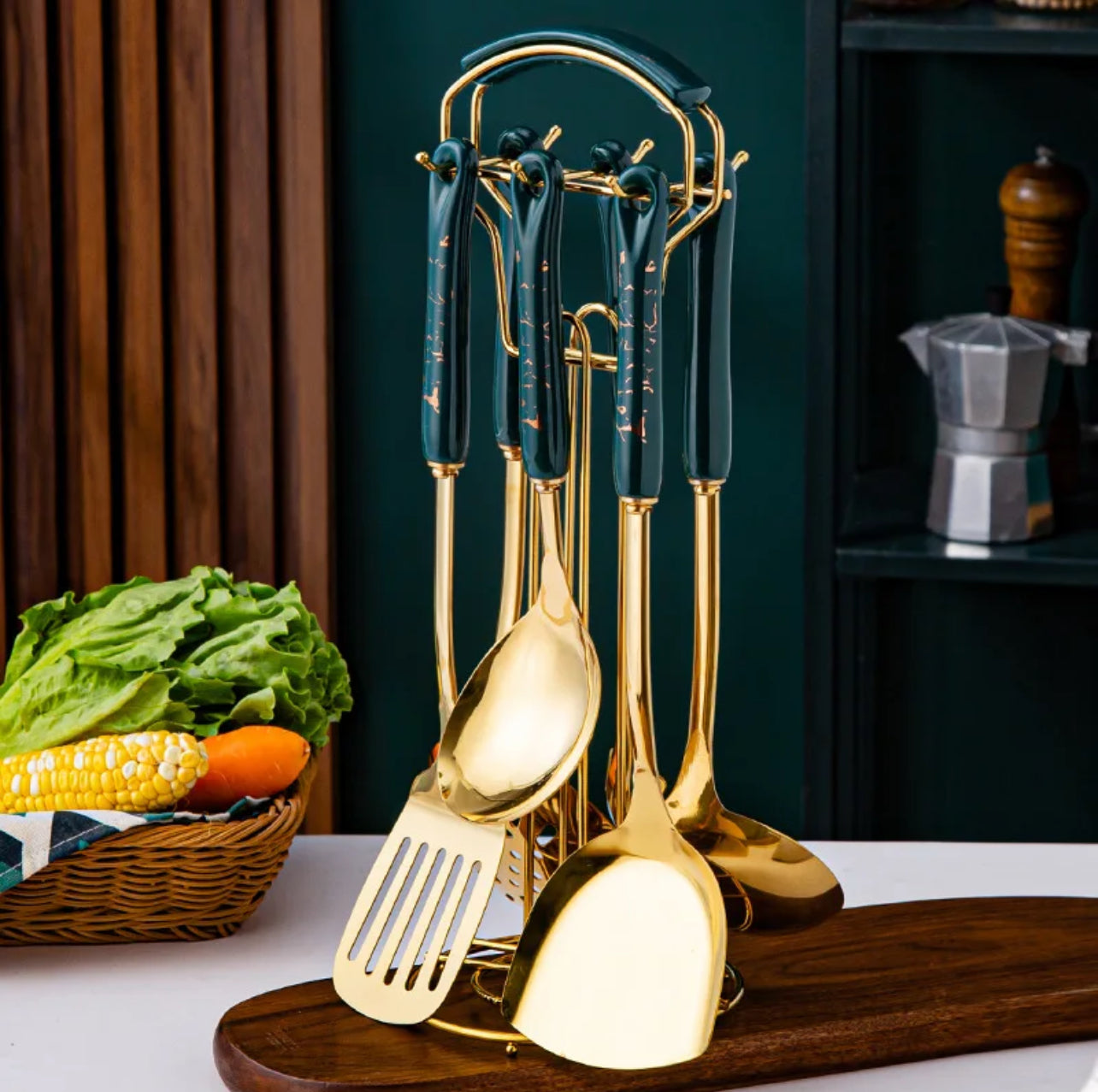 Stainless Steel Kitchen Utensil Set with Stand Skimmer Spatula Gold kitchenware