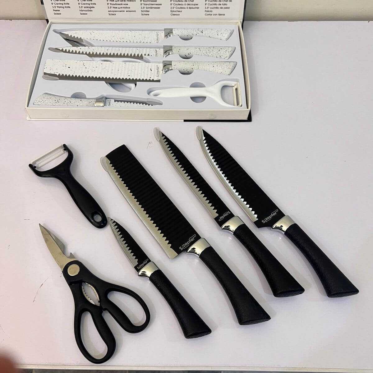 Zepter 6 in 1 Kitchen knifes set with peeler & Scissor – Made for Europe Poland Lot Import 2 colors black & white