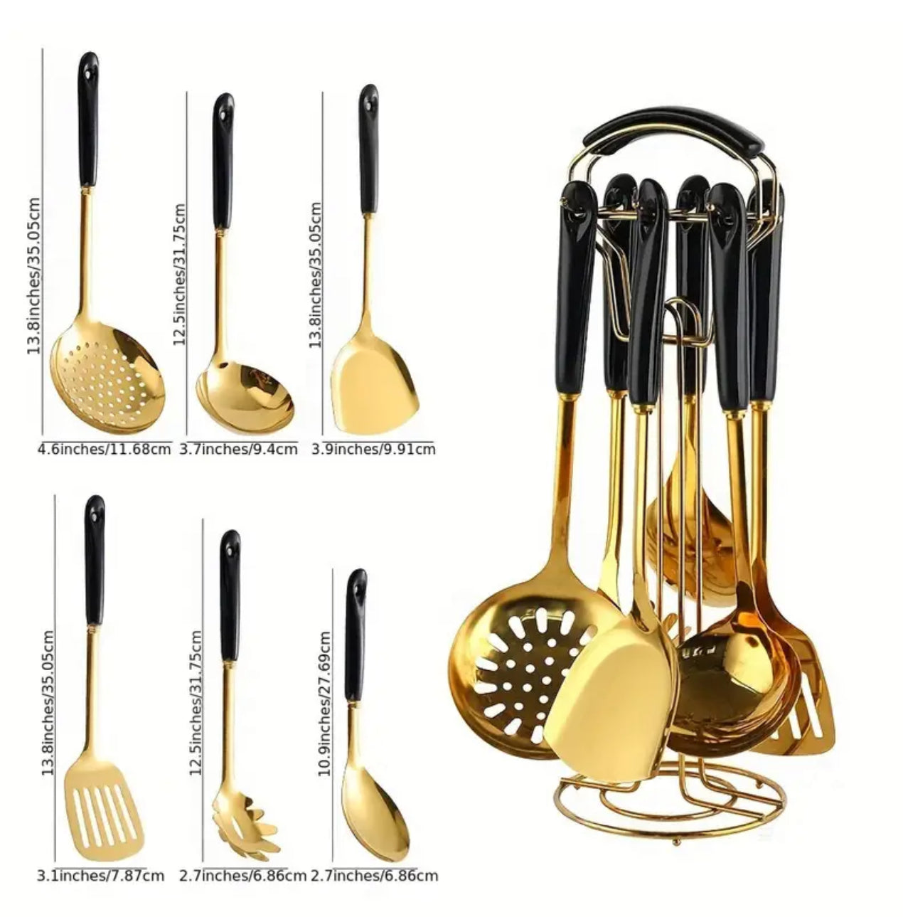 Stainless Steel Kitchen Utensil Set with Stand Skimmer Spatula Gold kitchenware